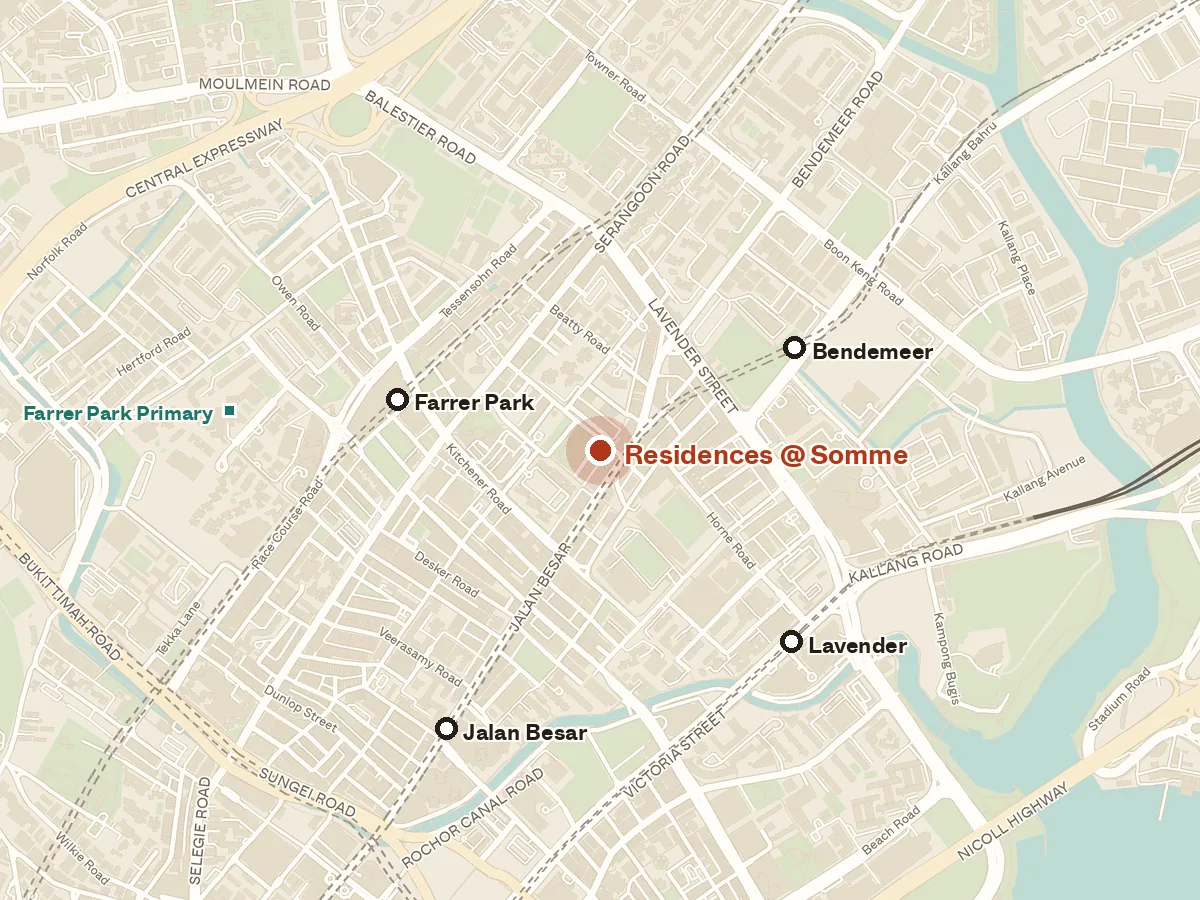 Map of the area around Residences @ Somme, with nearby MRT stations and primary schools