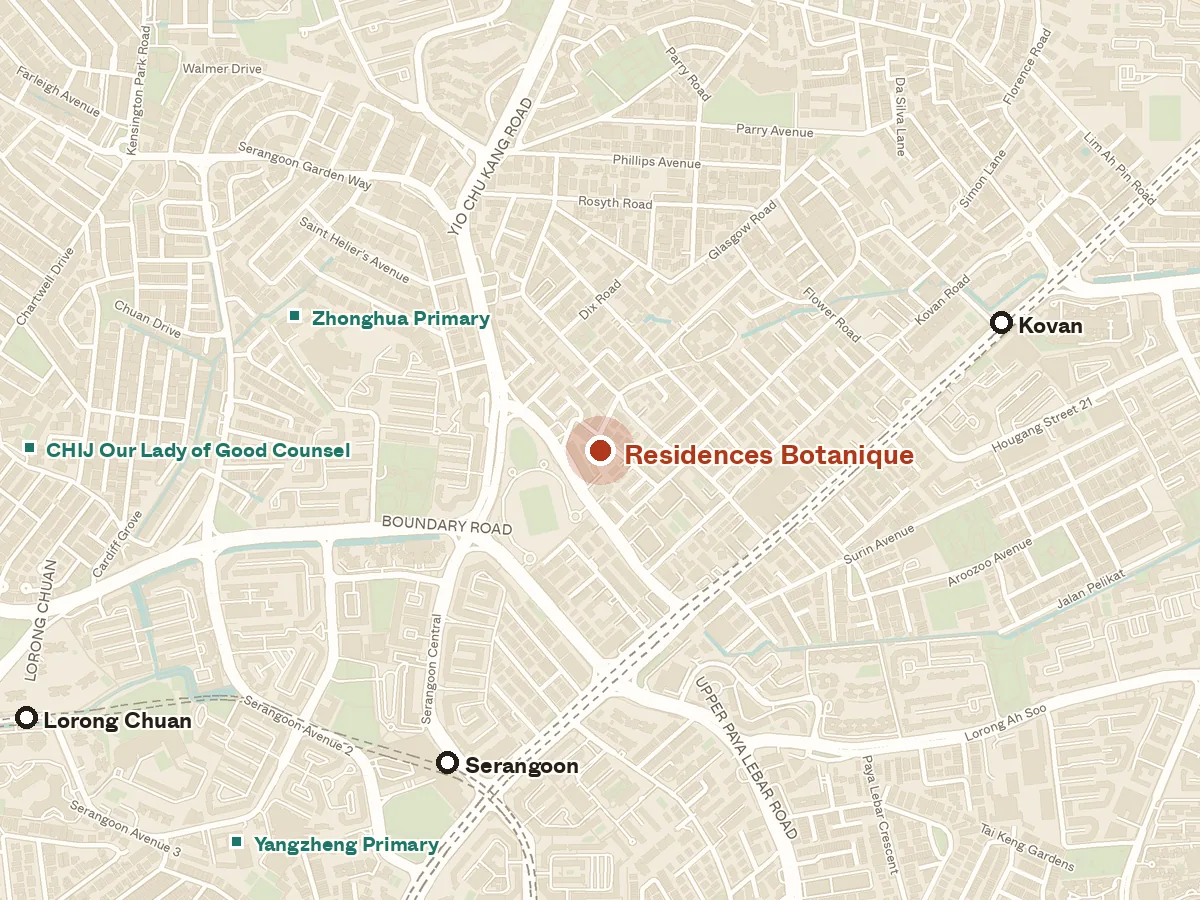 Map of the area around Residences Botanique, with nearby MRT stations and primary schools