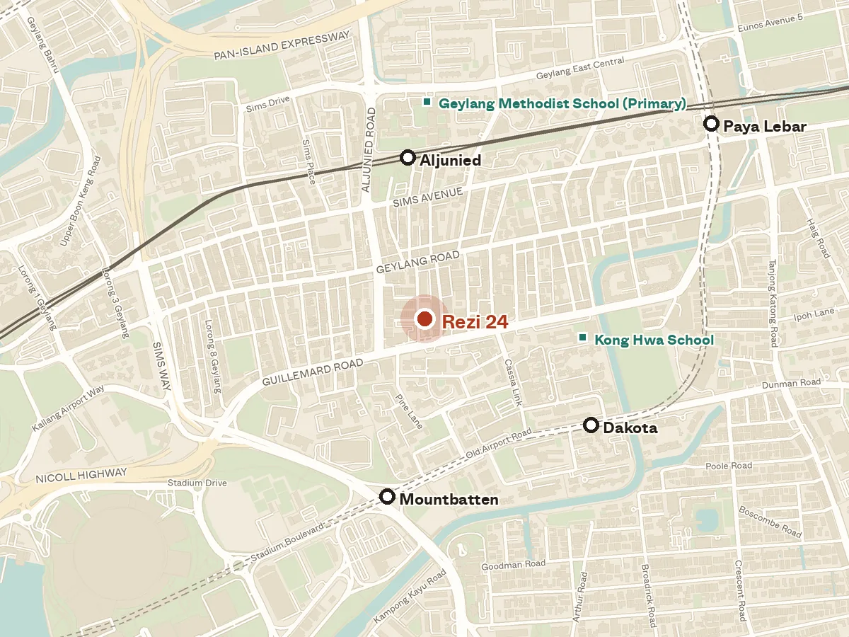 Map of the area around Rezi 24, with nearby MRT stations and primary schools
