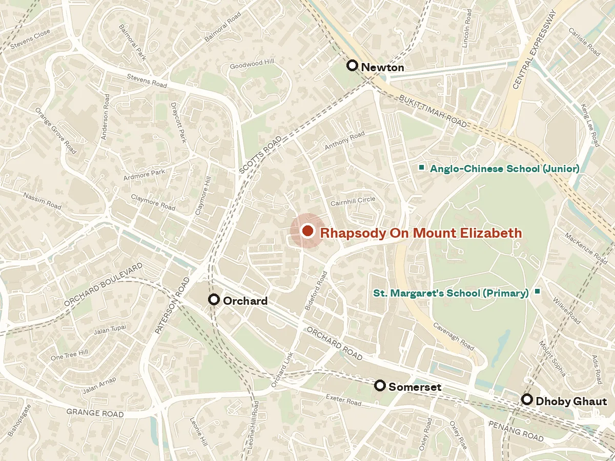 Map of the area around Rhapsody on Mount Elizabeth, with nearby MRT stations and primary schools