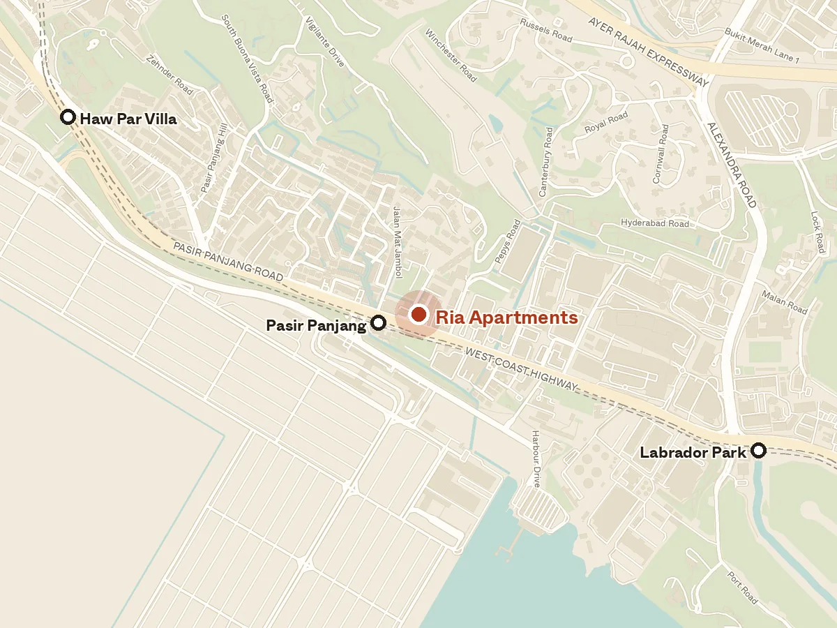 Map of the area around Ria Apartments, with nearby MRT stations and primary schools
