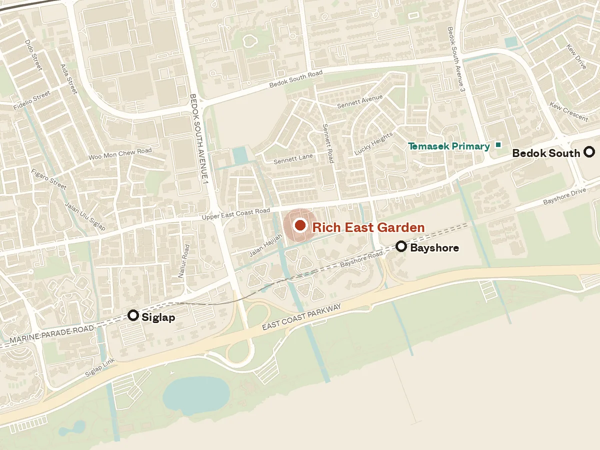 Map of the area around Rich East Garden, with nearby MRT stations and primary schools