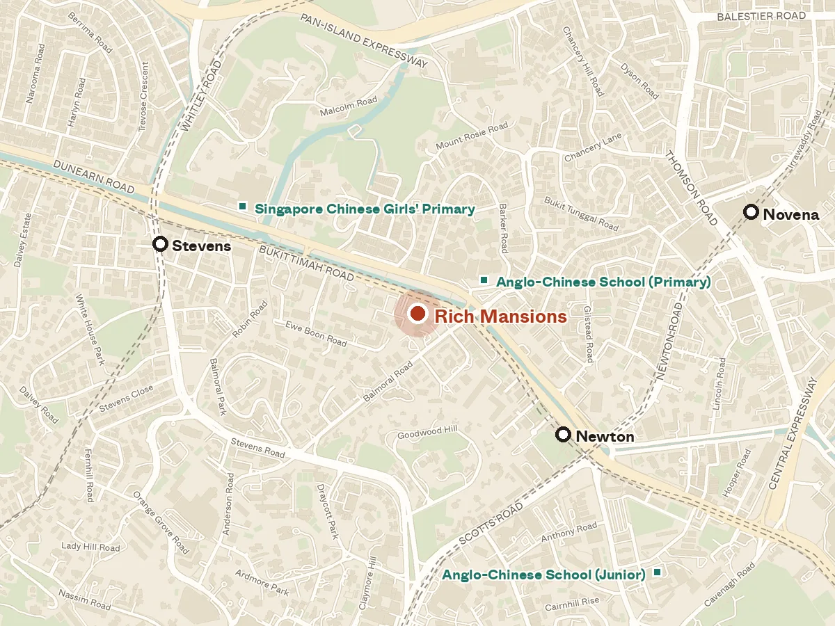Map of the area around Rich Mansions, with nearby MRT stations and primary schools