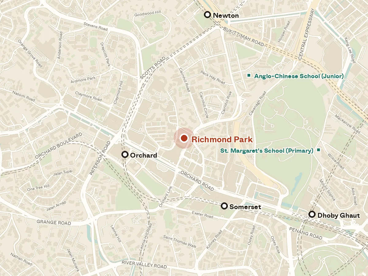 Map of the area around Richmond Park, with nearby MRT stations and primary schools