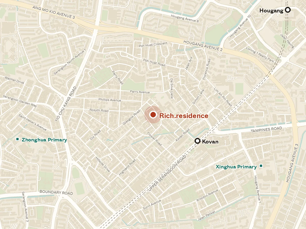 Map of the area around Rich.residence, with nearby MRT stations and primary schools