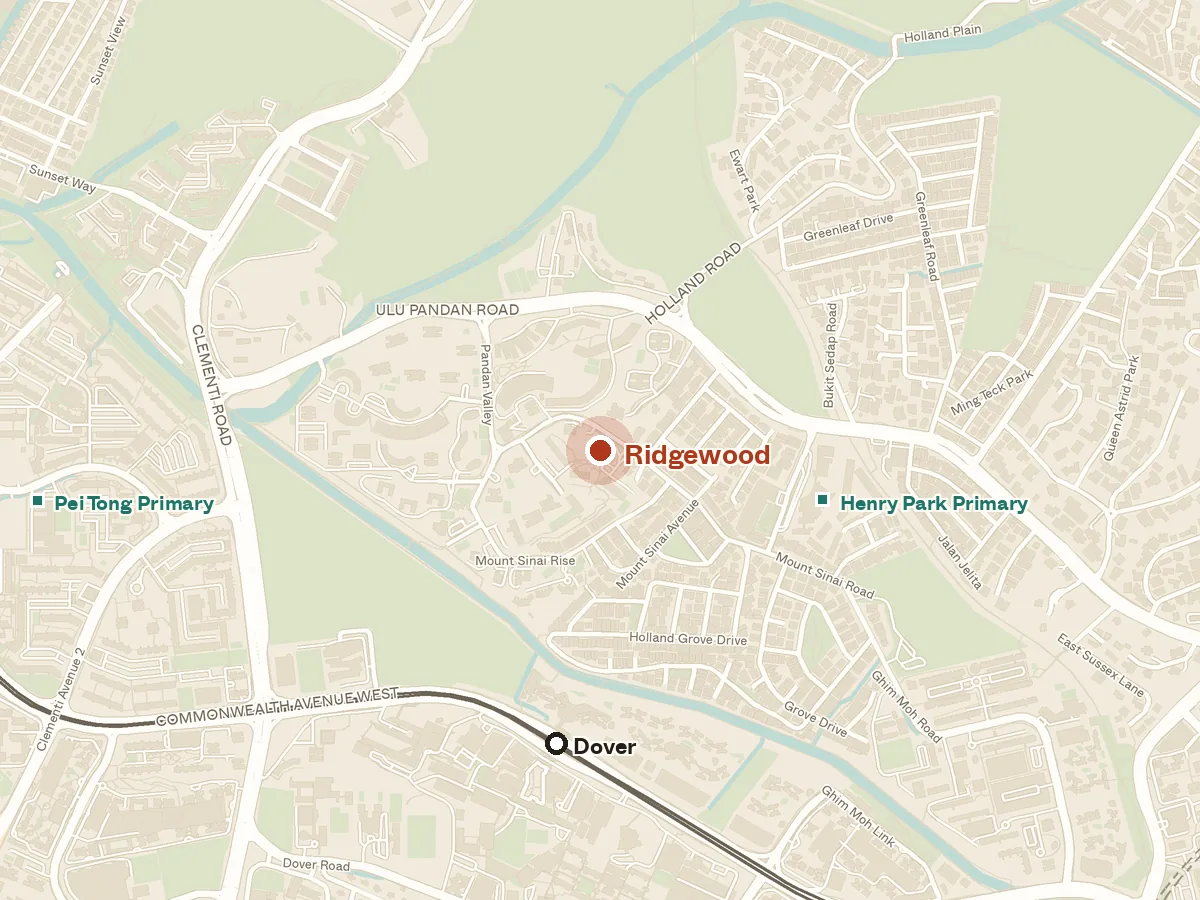Map of the area around Ridgewood, with nearby MRT stations and primary schools