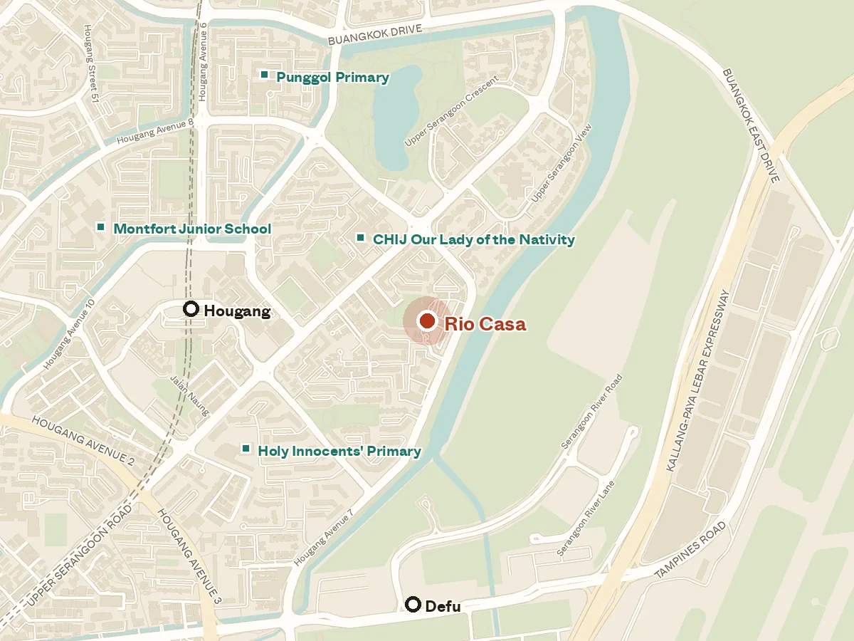 Map of the area around Rio Casa, with nearby MRT stations and primary schools