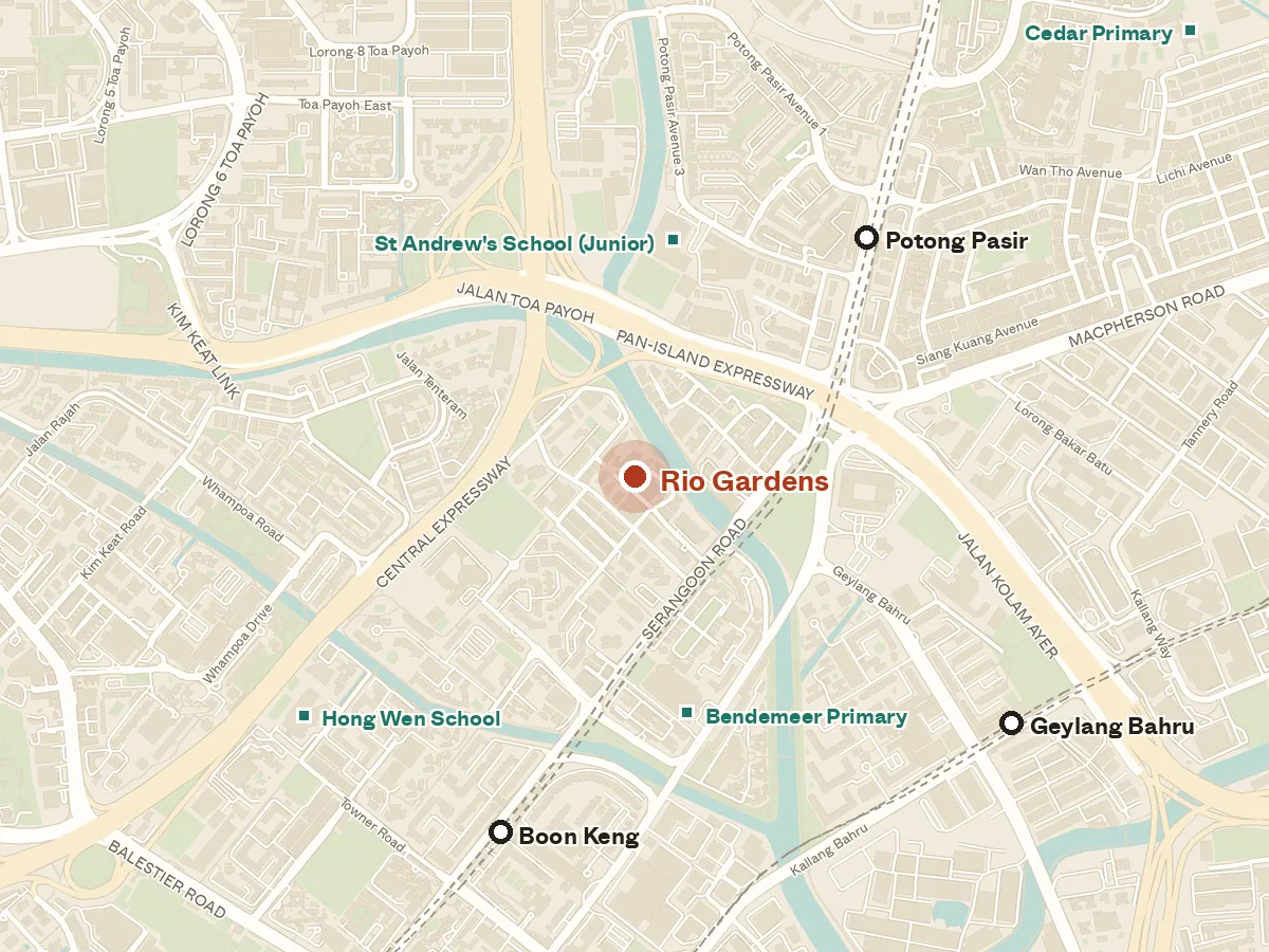 Map of the area around Rio Gardens, with nearby MRT stations and primary schools