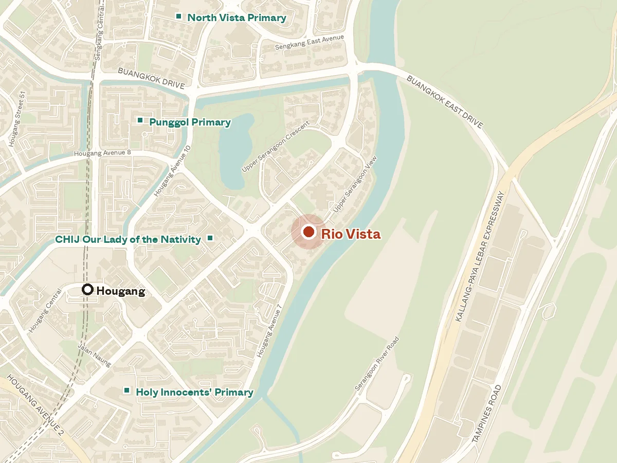 Map of the area around Rio Vista, with nearby MRT stations and primary schools