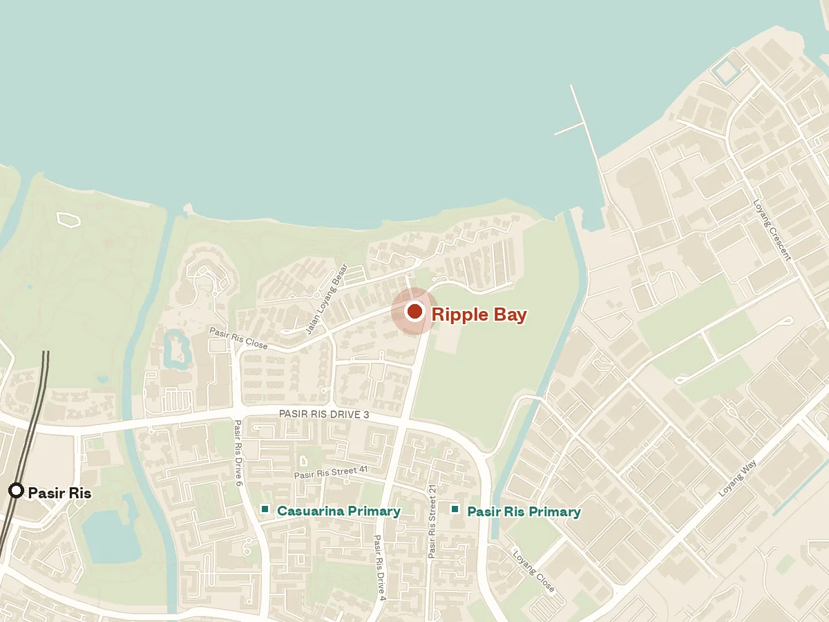 Map of the area around Ripple Bay, with nearby MRT stations and primary schools