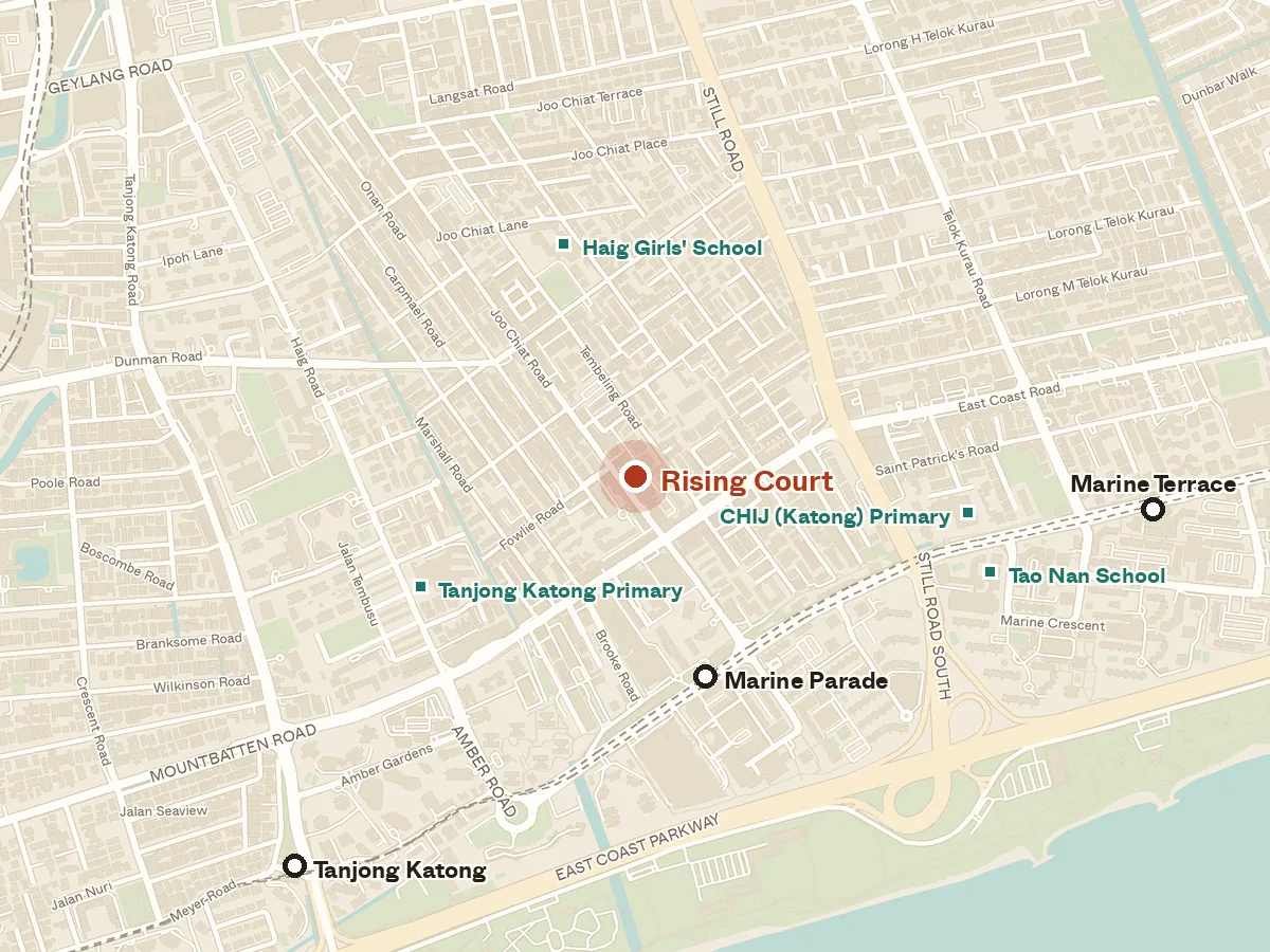 Map of the area around Rising Court, with nearby MRT stations and primary schools