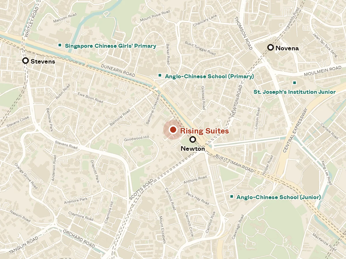 Map of the area around Rising Suites, with nearby MRT stations and primary schools