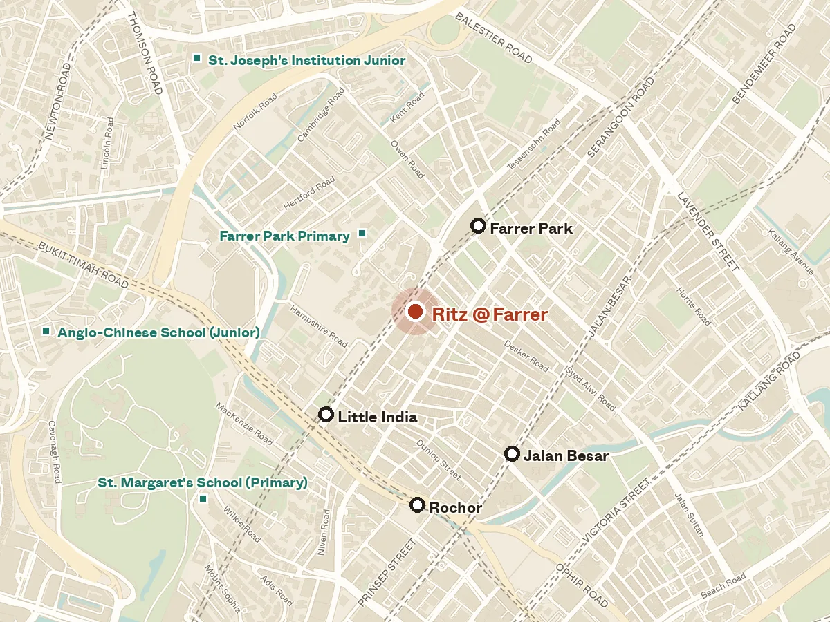 Map of the area around Ritz @ Farrer, with nearby MRT stations and primary schools
