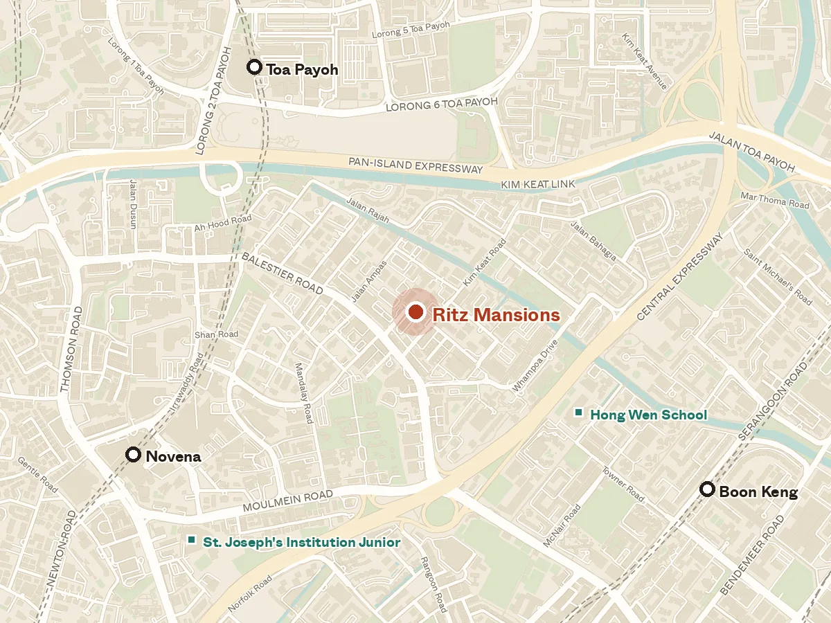 Map of the area around Ritz Mansions, with nearby MRT stations and primary schools