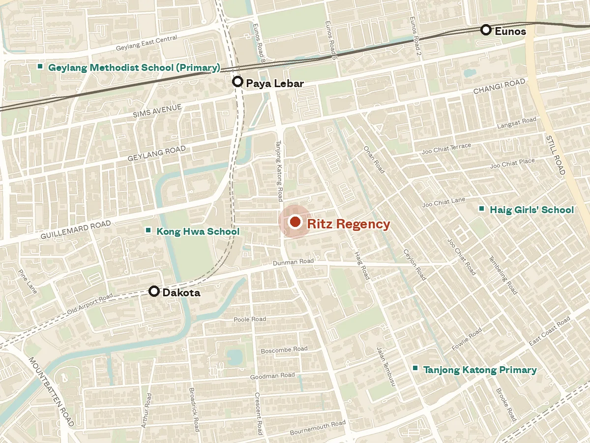 Map of the area around Ritz Regency, with nearby MRT stations and primary schools