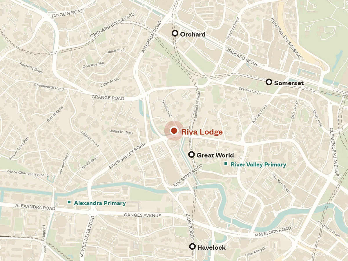 Map of the area around Riva Lodge, with nearby MRT stations and primary schools