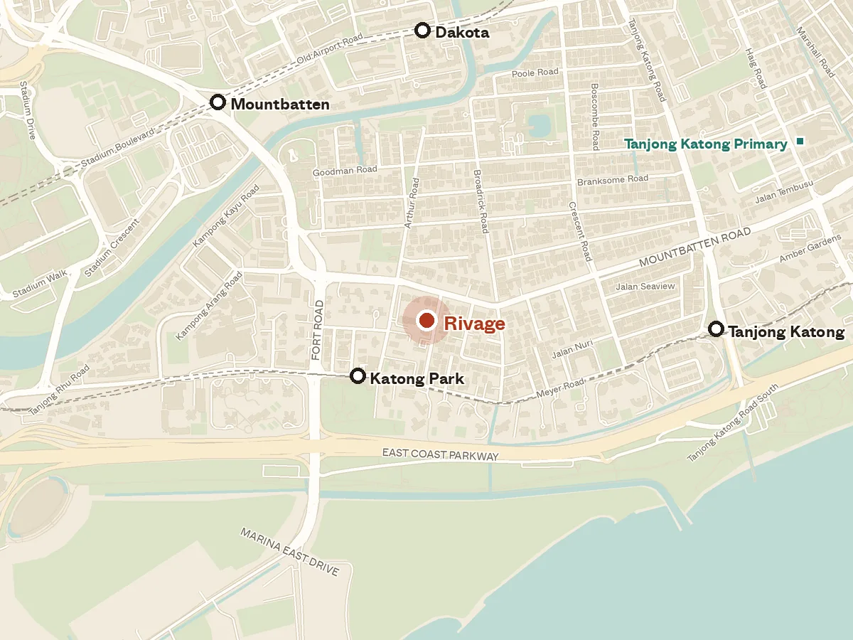 Map of the area around Rivage, with nearby MRT stations and primary schools