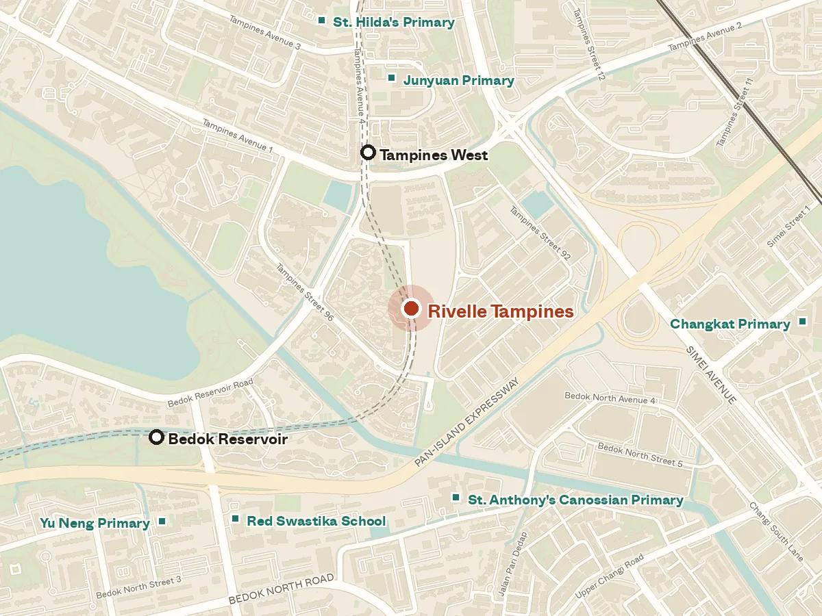 Map of the area around Rivelle Tampines, with nearby MRT stations and primary schools