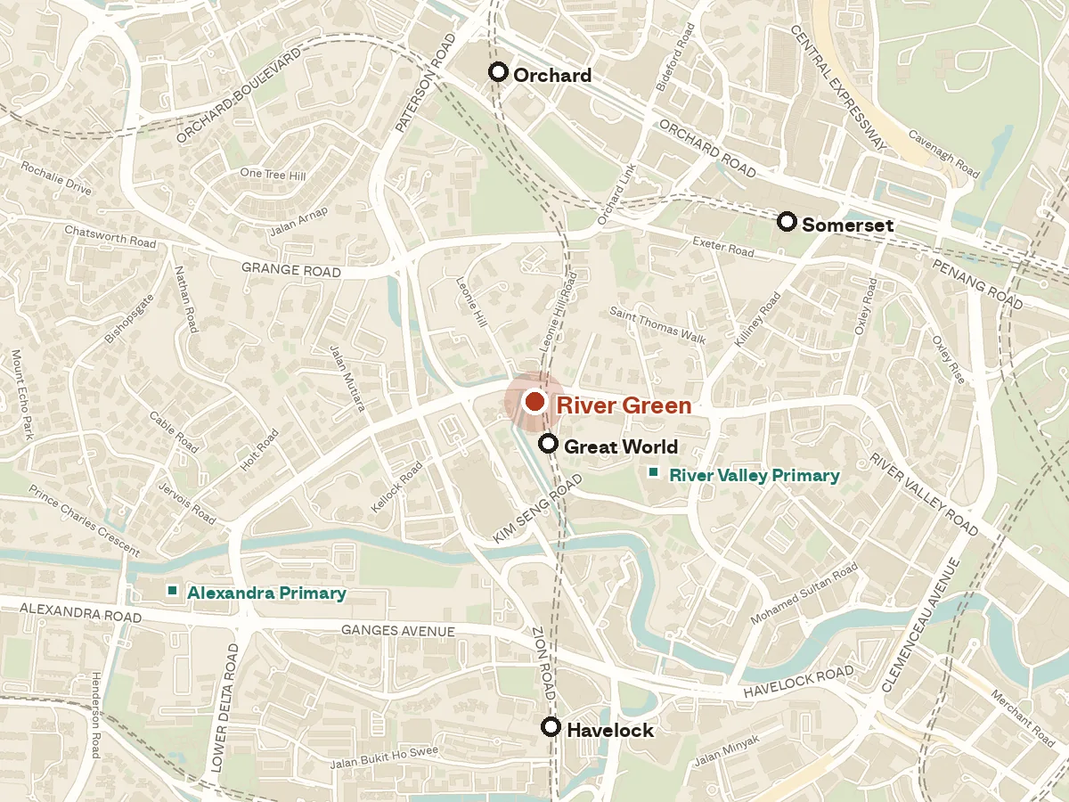 Map of the area around River Green, with nearby MRT stations and primary schools