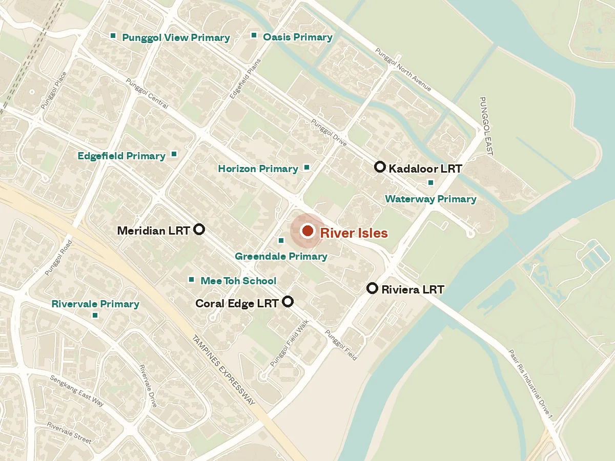 Map of the area around River Isles, with nearby MRT stations and primary schools