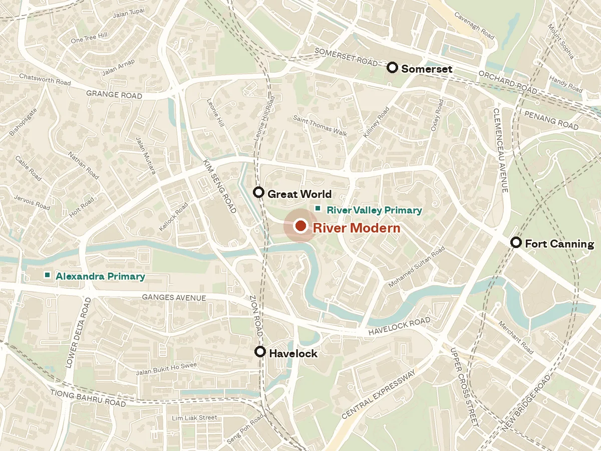 Map of the area around River Modern, with nearby MRT stations and primary schools