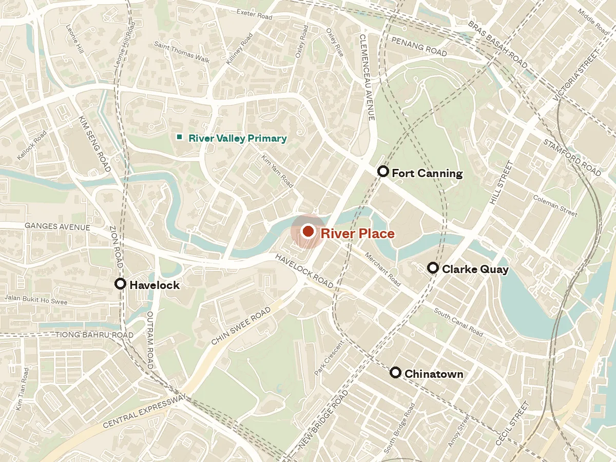 Map of the area around River Place, with nearby MRT stations and primary schools