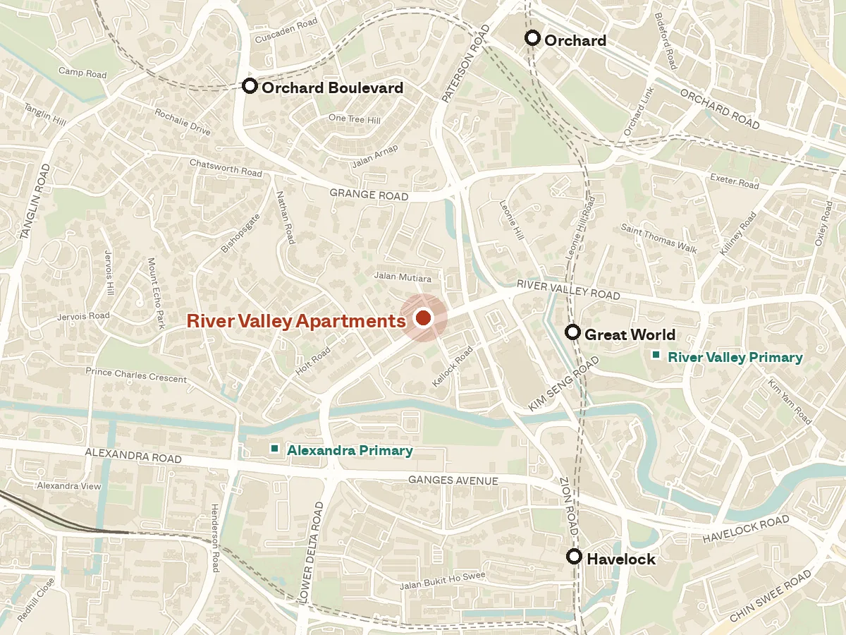 Map of the area around River Valley Apartments, with nearby MRT stations and primary schools