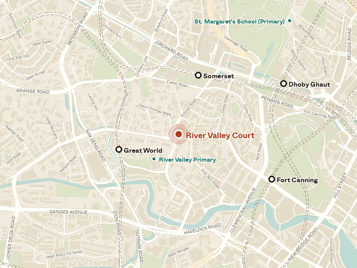 Map of the area around River Valley Court, with nearby MRT stations and primary schools