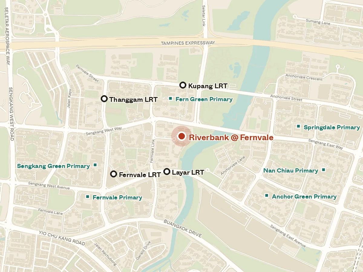 Map of the area around Riverbank @ Fernvale, with nearby MRT stations and primary schools