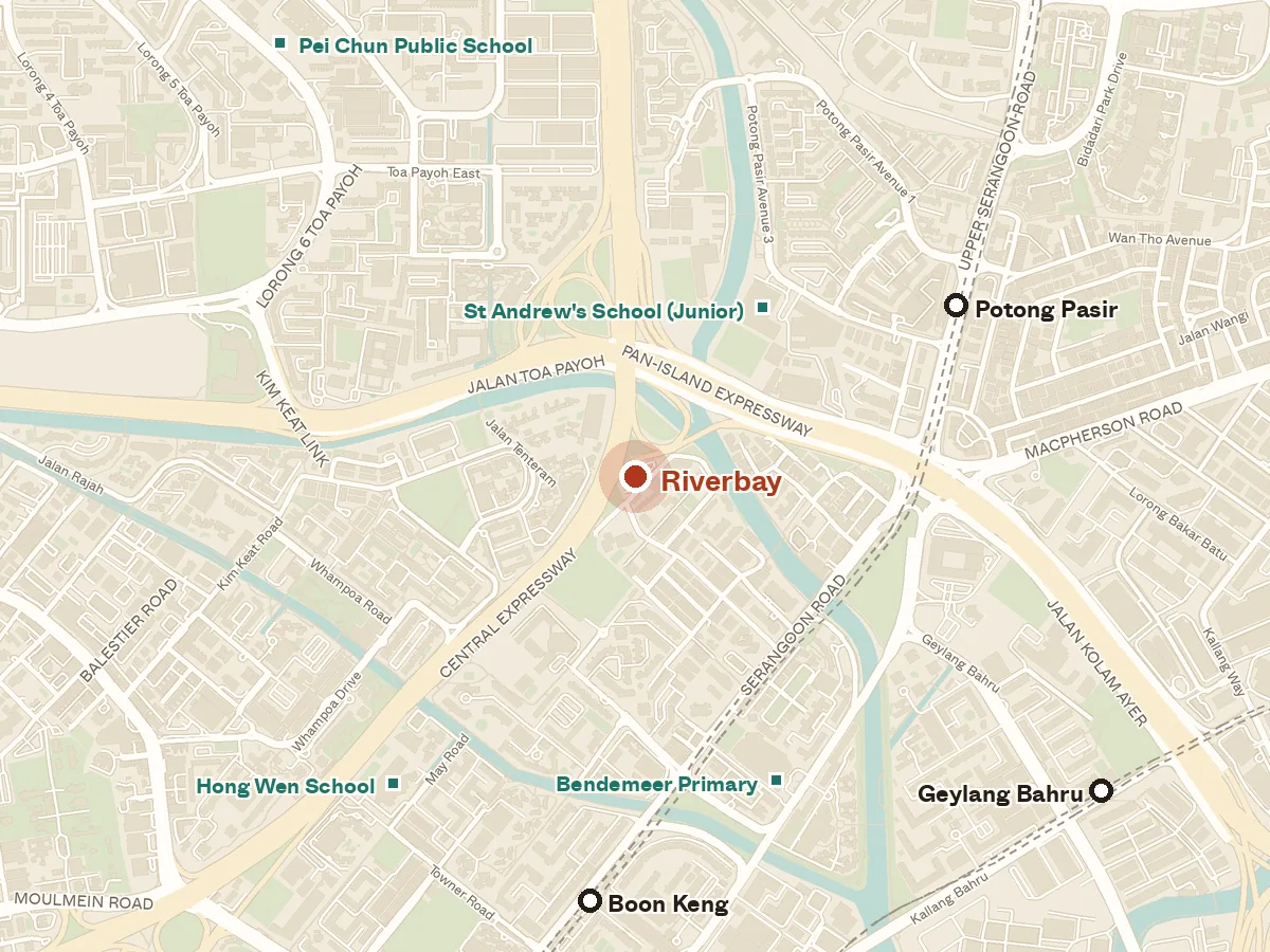 Map of the area around Riverbay, with nearby MRT stations and primary schools