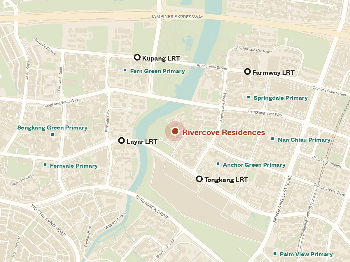 Map of the area around Rivercove Residences, with nearby MRT stations and primary schools