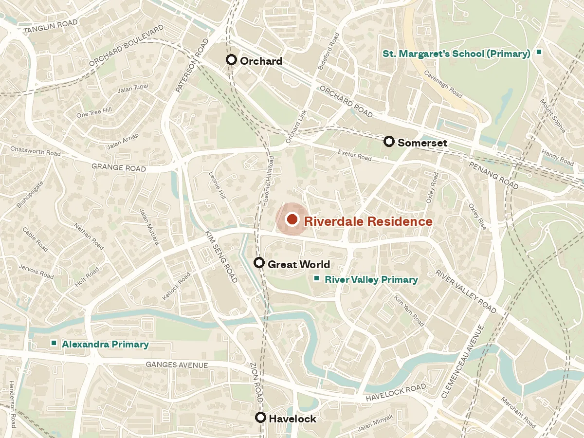 Map of the area around Riverdale Residence, with nearby MRT stations and primary schools
