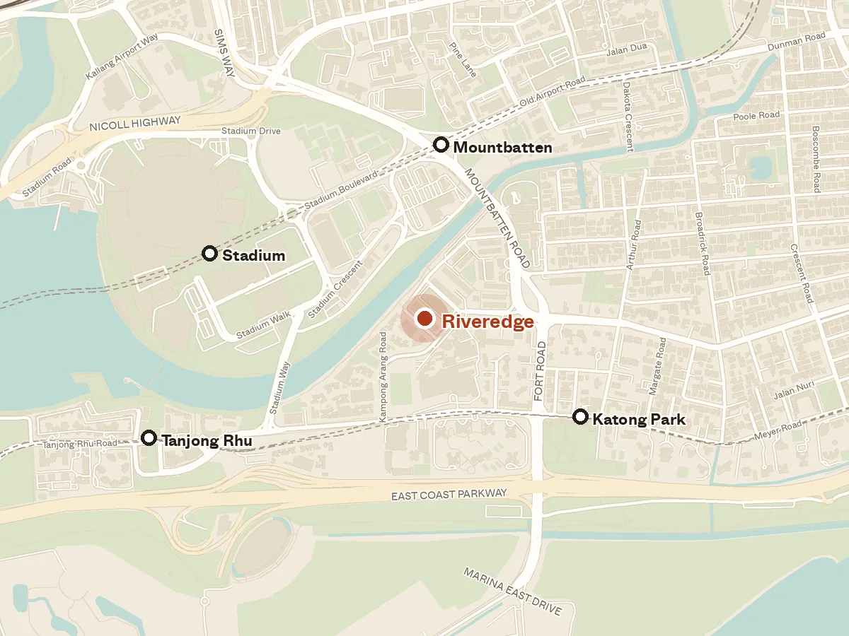 Map of the area around Riveredge, with nearby MRT stations and primary schools