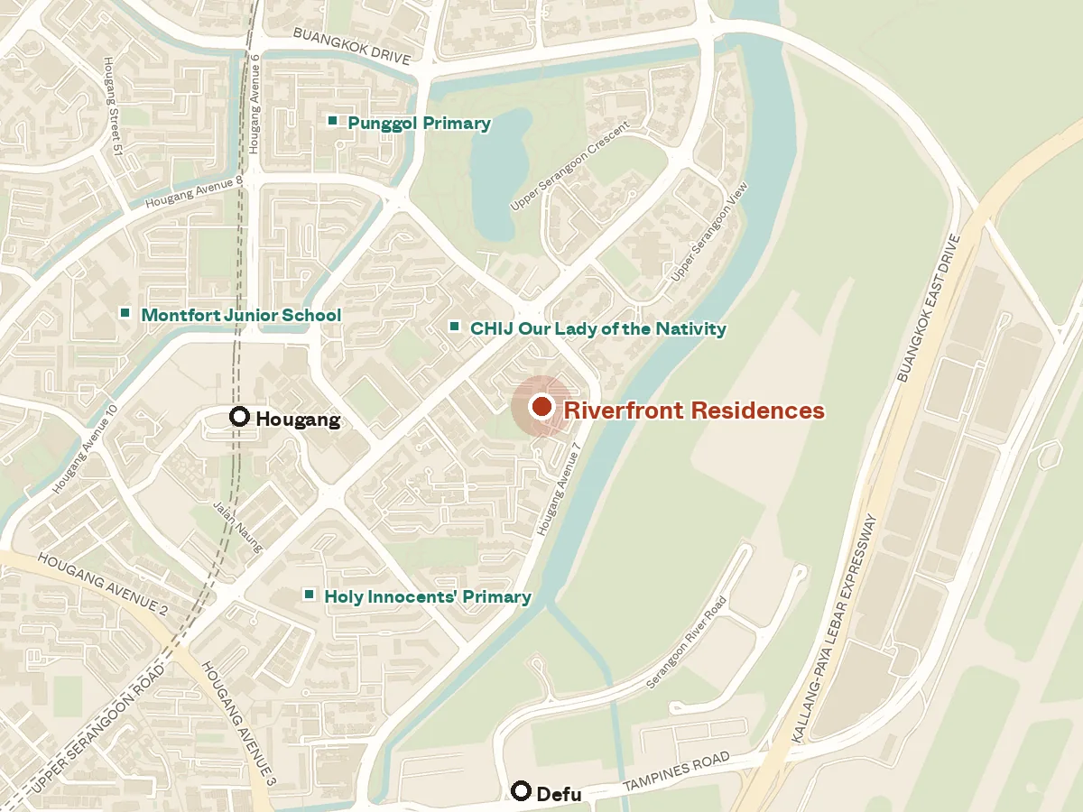 Map of the area around Riverfront Residences, with nearby MRT stations and primary schools