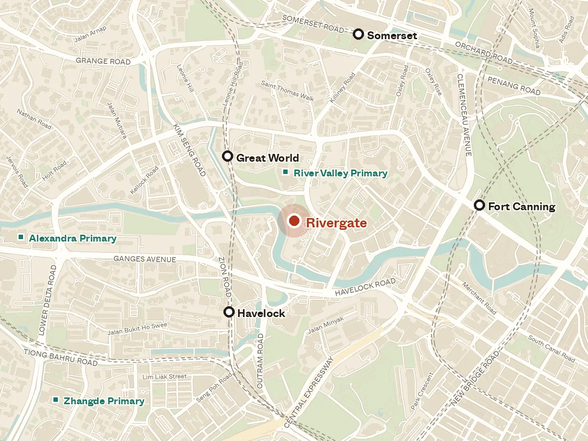 Map of the area around Rivergate, with nearby MRT stations and primary schools
