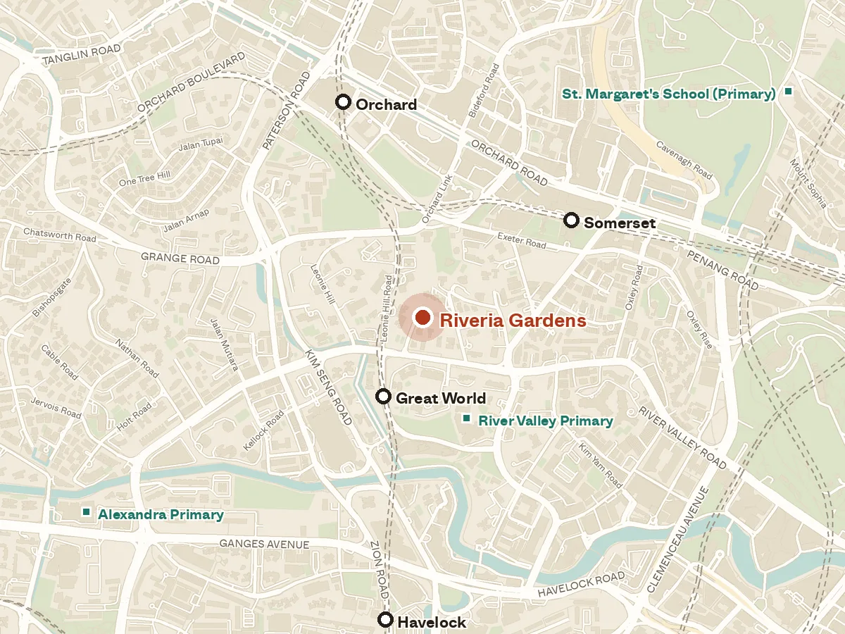 Map of the area around Riveria Gardens, with nearby MRT stations and primary schools