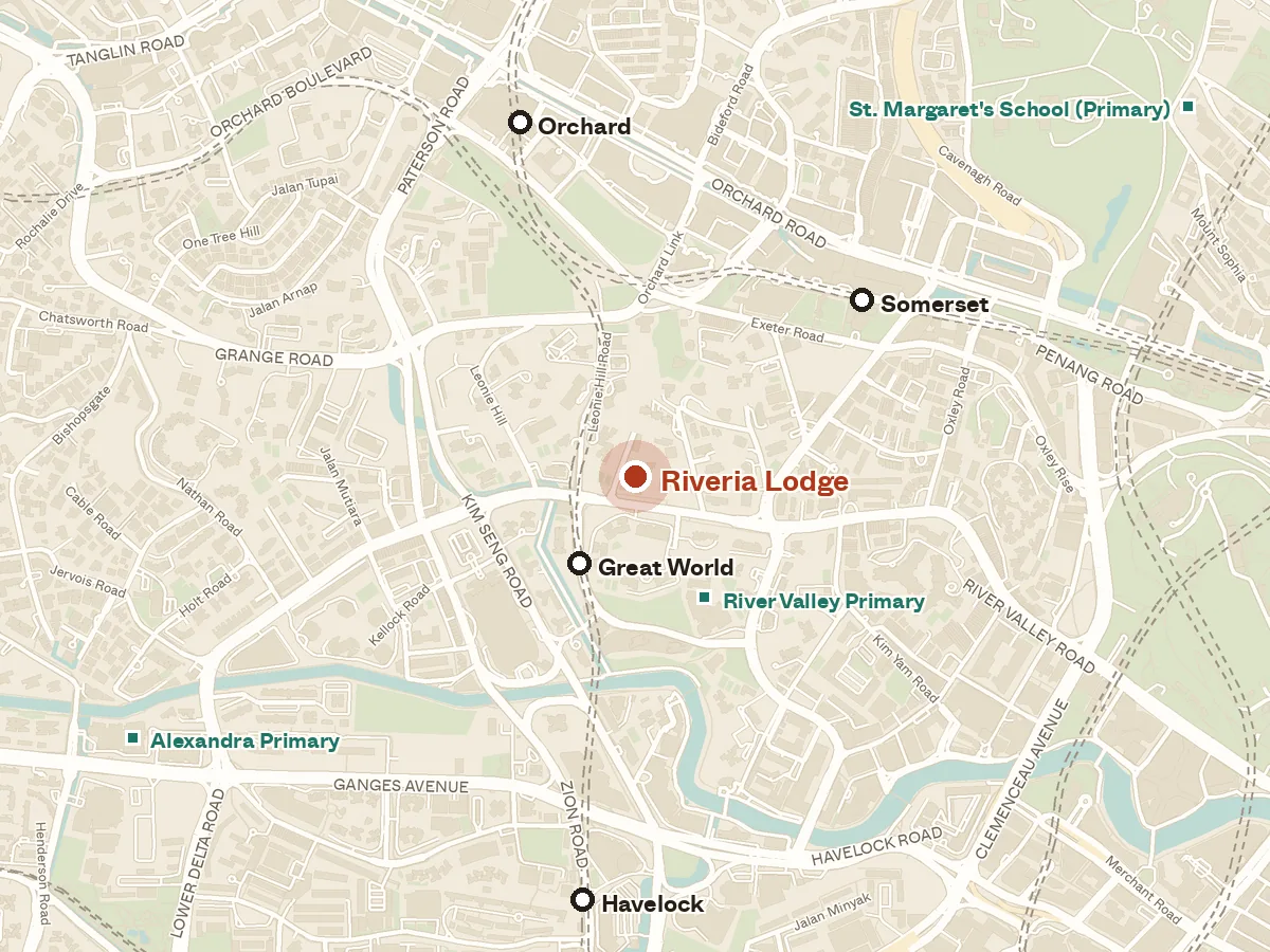 Map of the area around Riveria Lodge, with nearby MRT stations and primary schools