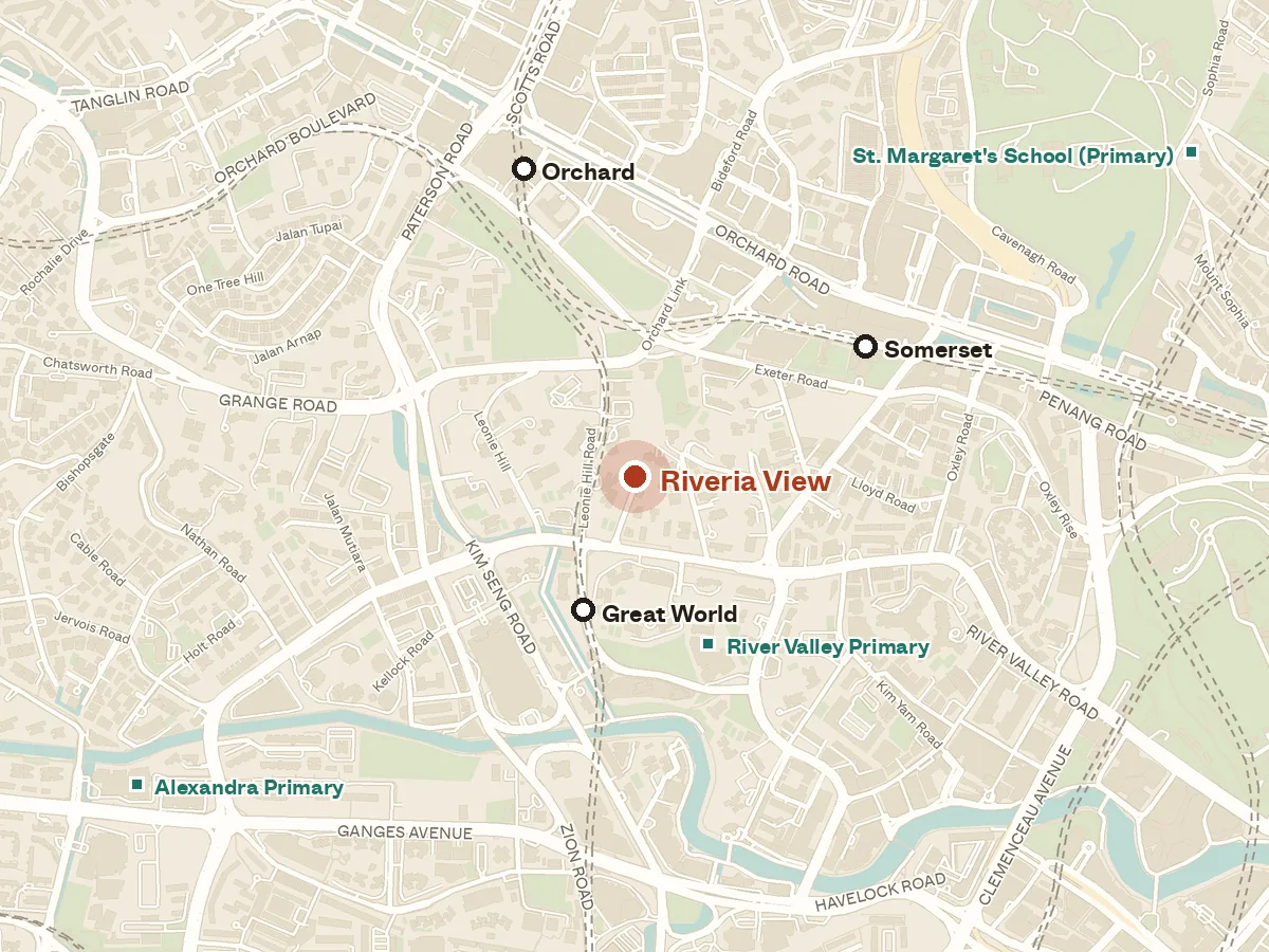 Map of the area around Riveria View, with nearby MRT stations and primary schools