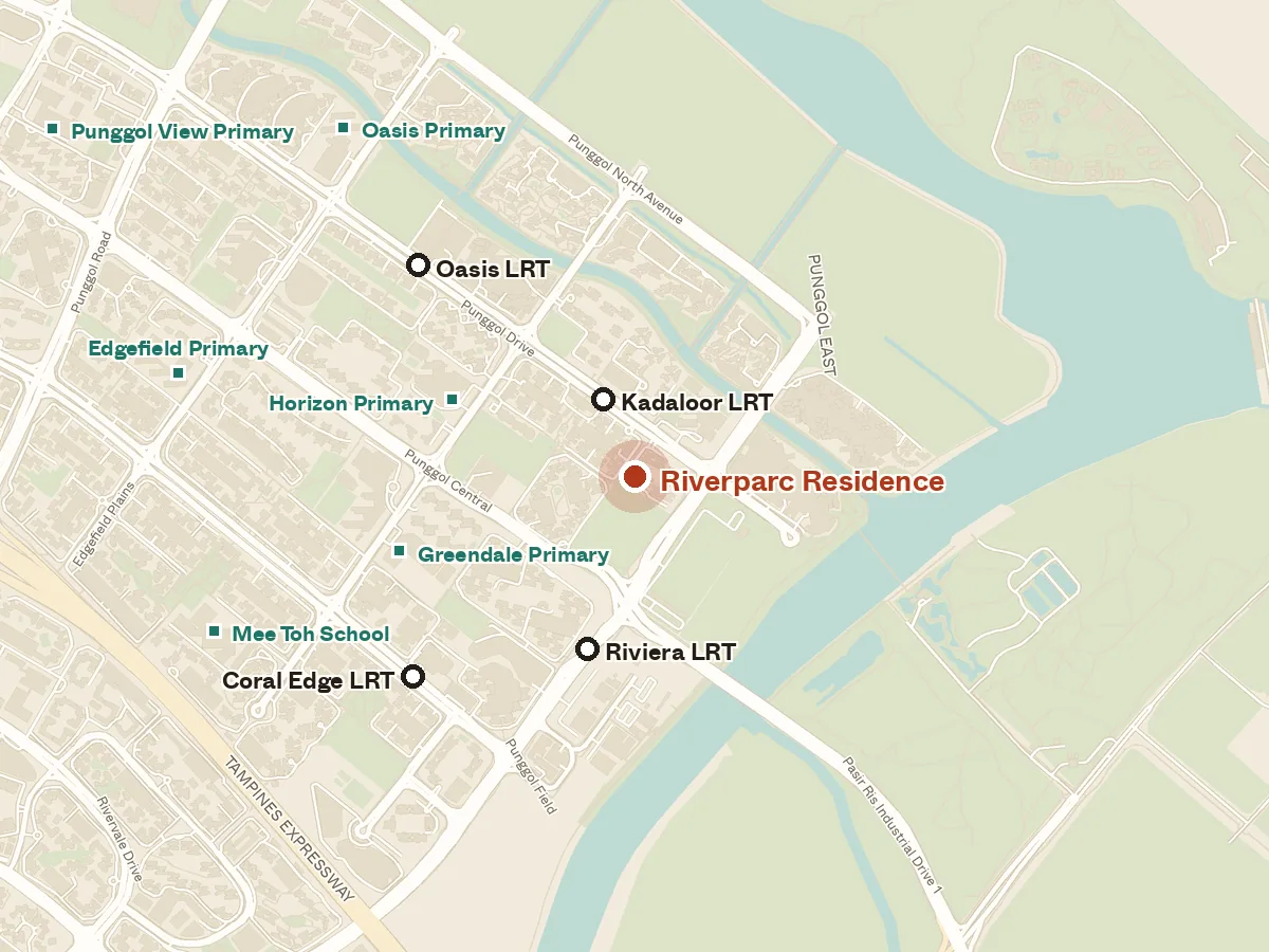 Map of the area around Riverparc Residence, with nearby MRT stations and primary schools