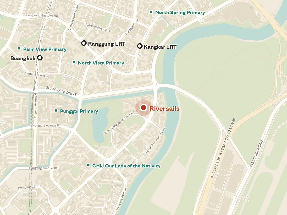 Map of the area around Riversails, with nearby MRT stations and primary schools