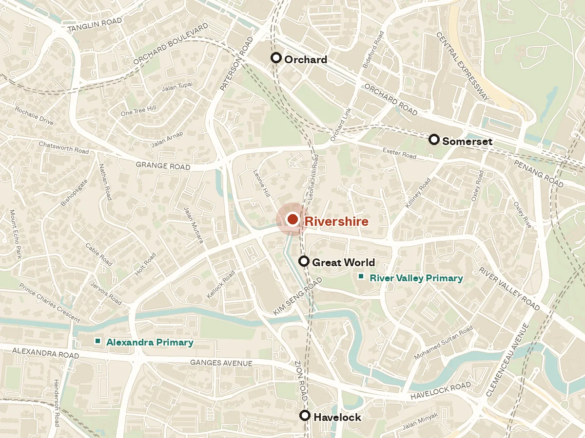 Map of the area around Rivershire, with nearby MRT stations and primary schools