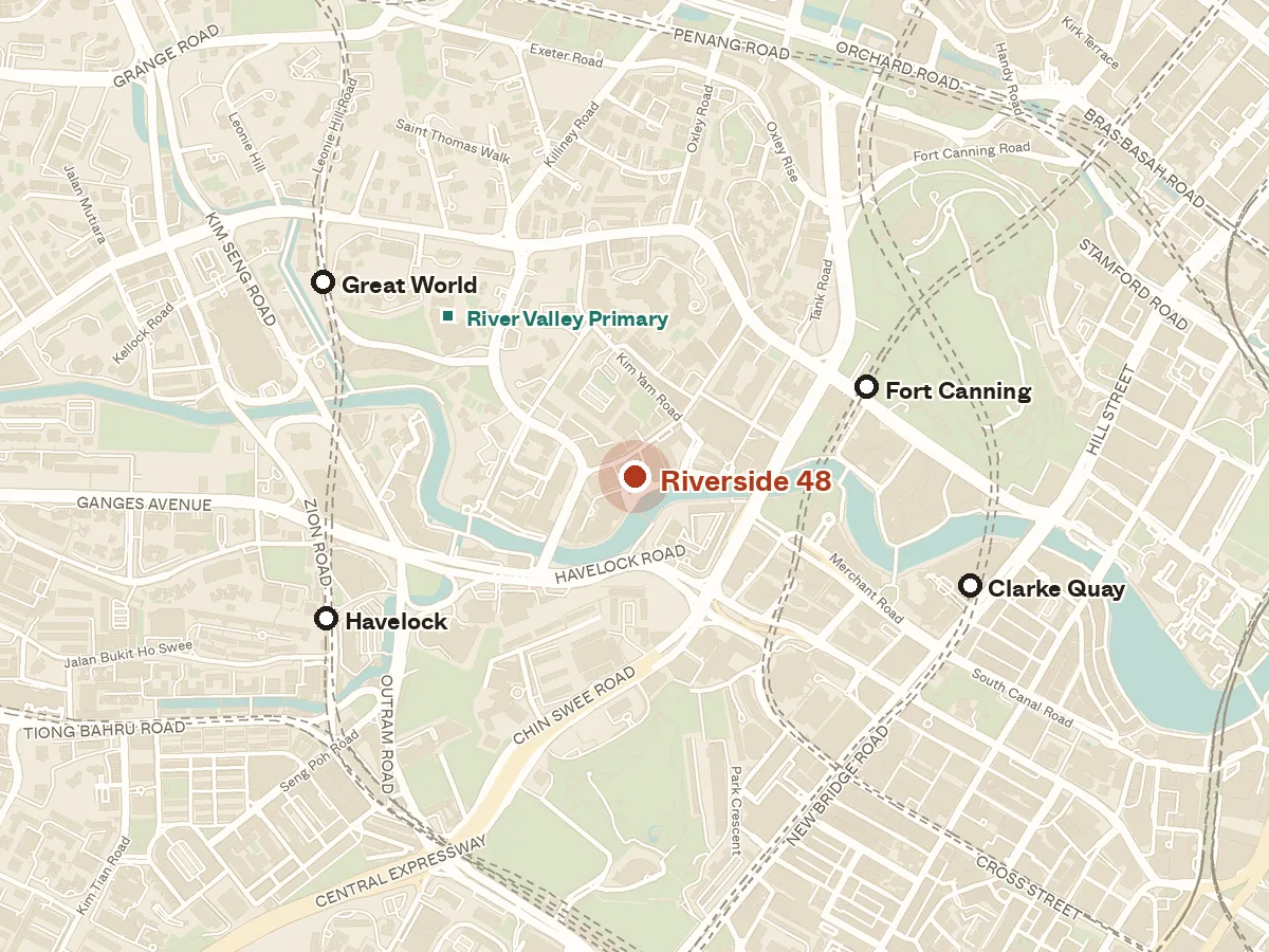 Map of the area around Riverside 48, with nearby MRT stations and primary schools