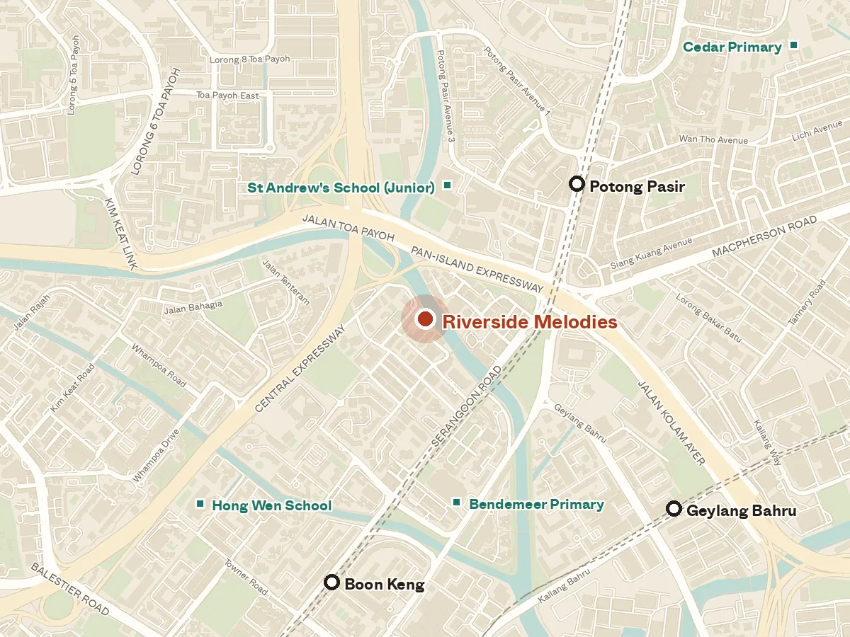 Map of the area around Riverside Melodies, with nearby MRT stations and primary schools