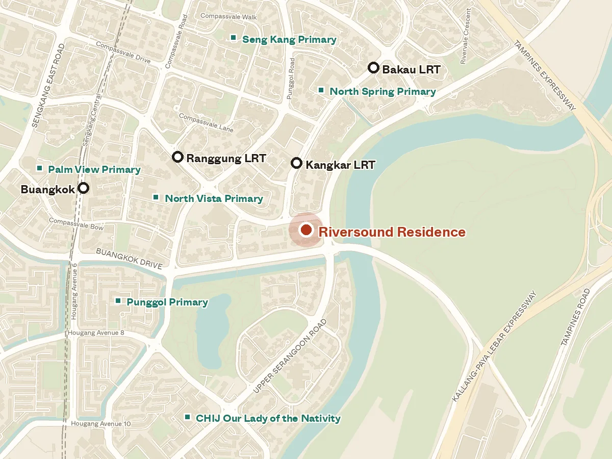 Map of the area around Riversound Residence, with nearby MRT stations and primary schools