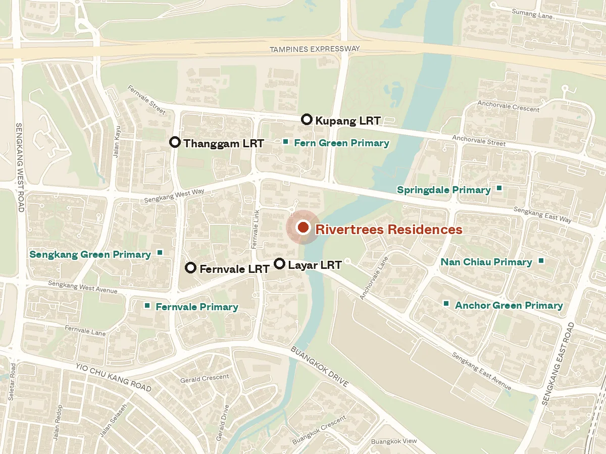 Map of the area around Rivertrees Residences, with nearby MRT stations and primary schools