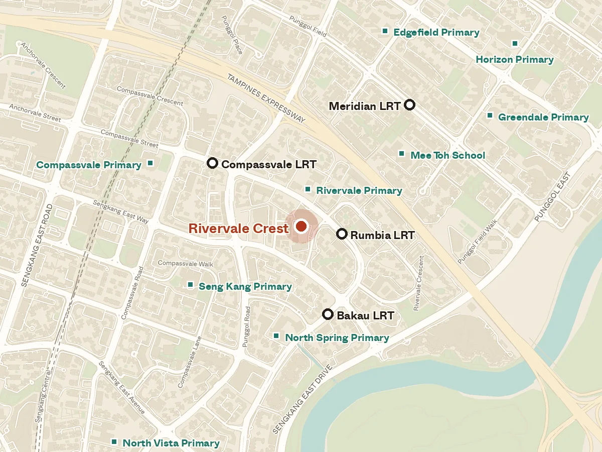 Map of the area around Rivervale Crest, with nearby MRT stations and primary schools