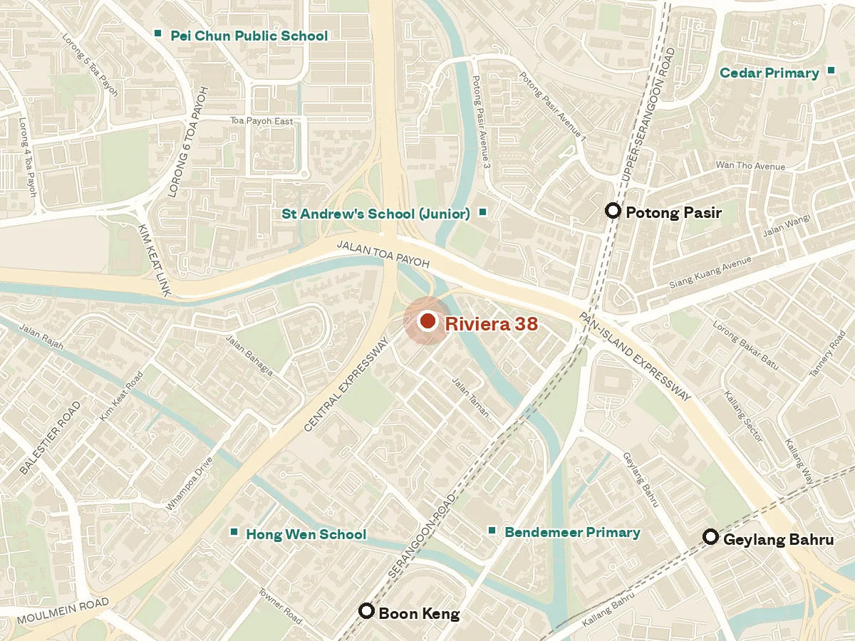 Map of the area around Riviera 38, with nearby MRT stations and primary schools