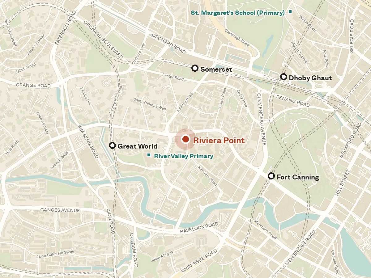 Map of the area around Riviera Point, with nearby MRT stations and primary schools