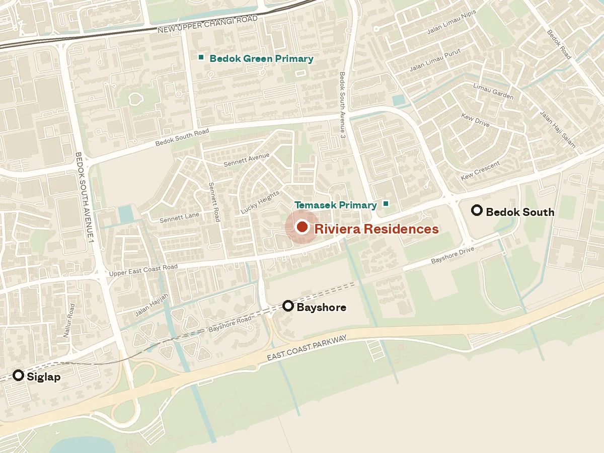 Map of the area around Riviera Residences, with nearby MRT stations and primary schools