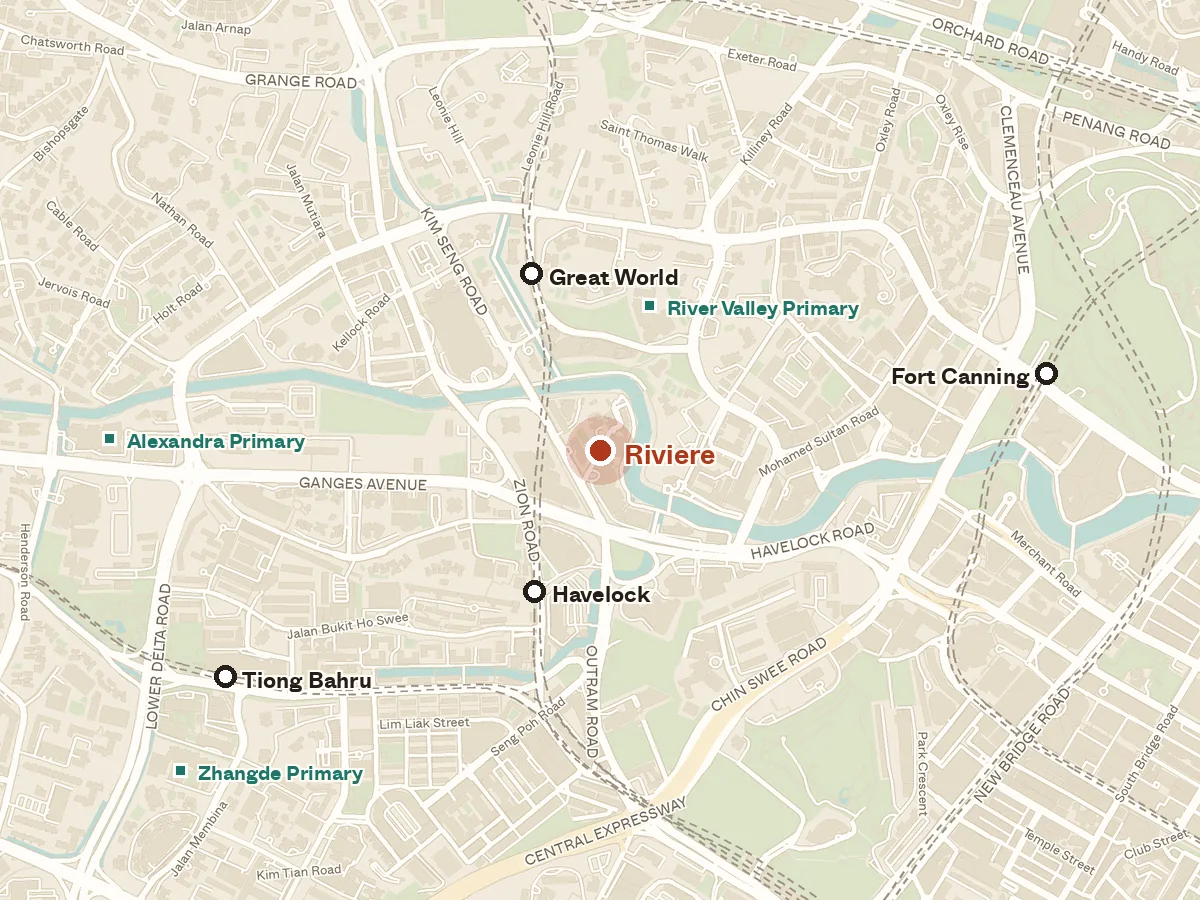 Map of the area around Riviere, with nearby MRT stations and primary schools